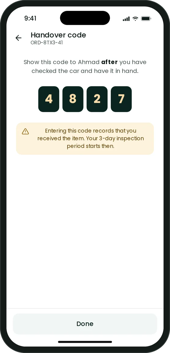 Handover code in the app